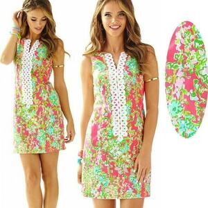 Lilly Pulitzer Cathy Shift Dress Flamingo Pink Southern Charm 0 Lace 100% Cotton